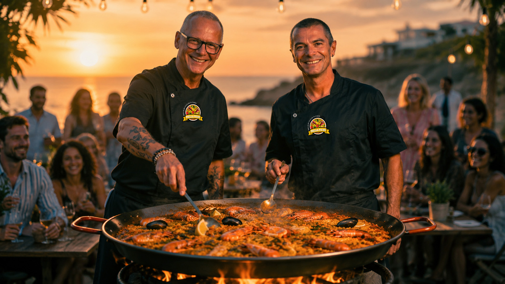 Marco che cucina paella all'aperto con ospiti sullo sfondo, luce golden hour