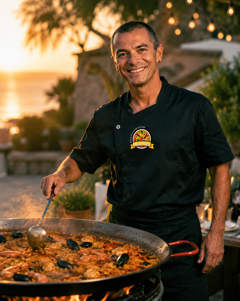 Marco, chef de Paella Pa'mi, cocinando en vivo